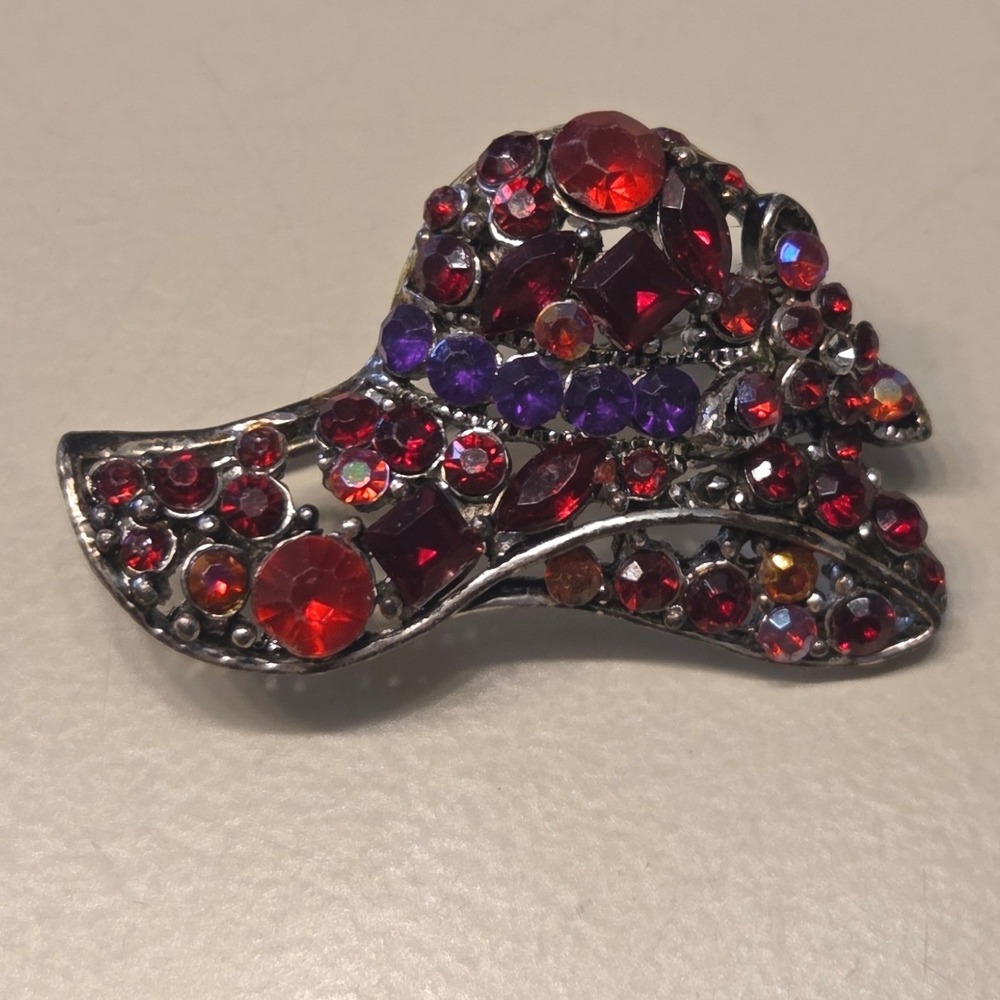 Vintage Unsigned Red & Purple Rhinestone Hat Brooch Red Hat Club Pin